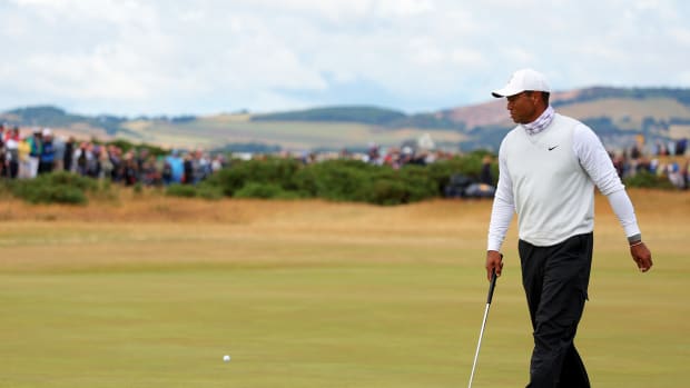 Tiger Woods looks on at the 150th Open Championship at St. Andrews.