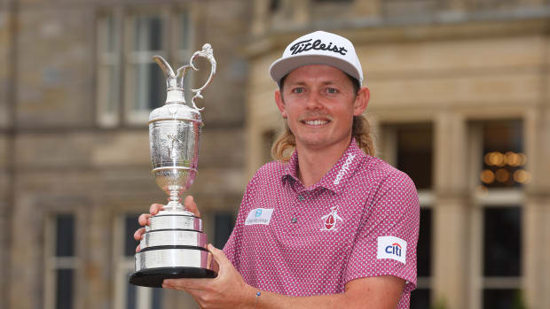 Cameron Smith poses with the Claret Jug after winning The Open.