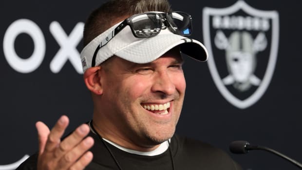 HENDERSON, NEVADA - JUNE 07: Head coach Josh McDaniels of the Las Vegas Raiders laughs during a news conference after the first day of mandatory minicamp at the Las Vegas Raiders Headquarters/Intermountain Healthcare Performance Center on June 07, 2022 in Henderson, Nevada. (Photo by Ethan Miller/Getty Images)