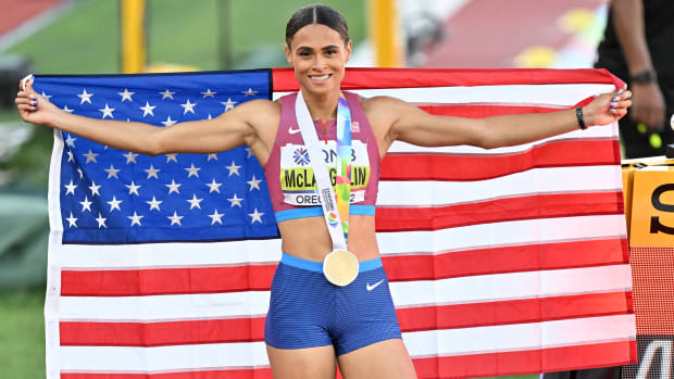 EUGENE, OREGON, USA - JULY 22: Gold medalist Sydney Mclaughlin of Team United States celebrates after the Women's 400m Hurdles Final during the eighteenth edition of the World Athletics Championships at Hayward Field in Eugene, Oregon, United States on July 22, 2022. (Photo by Mustafa Yalcin/Anadolu Agency via Getty Images)