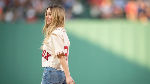 BOSTON, MA - JULY 22: Sydney Sweeney throws a ceremonial first pitch ahead of a game between the Toronto Blue Jays and the Boston Red Sox on July 22, 2022 at Fenway Park in Boston, Massachusetts. (Photo by Maddie Malhotra/Boston Red Sox/Getty Images)