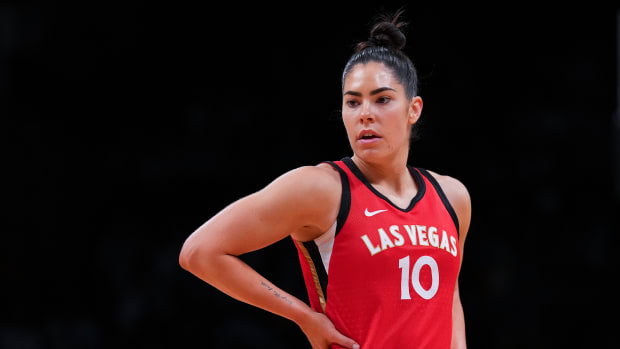 Kelsey Plum of the Las Vegas Aces looks on against the New York Liberty.