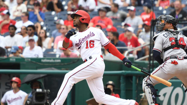 WASHINGTON, DC - JULY 17:  Victor Robles #16 of the Washington Nationals takes a swing during a baseball game against the Atlanta Braves at Nationals Park on July 17, 2022 in Washington, DC.  (Photo by Mitchell Layton/Getty Images)