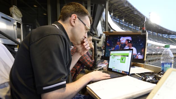 CHICAGO - SEPTEMBER 24:  Chicago White Sox television play by play announcer Jason Benetti looks on prior to the game against the Cleveland Indians on September 24, 2019 at Guaranteed Rate Field in Chicago, Illinois.  (Photo by Ron Vesely/MLB Photos via Getty Images)
