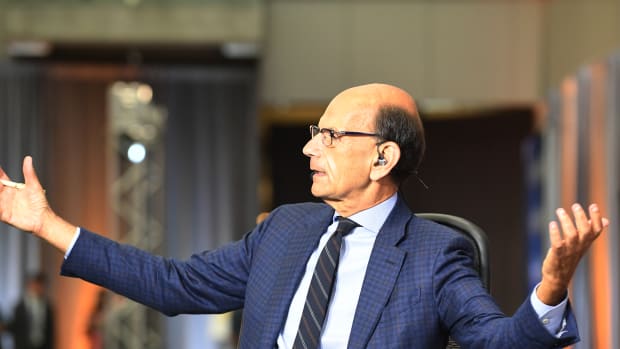 ATLANTA, GA - JULY 18: Paul Finebaum,  of the Paul Finebaum show reacts to a comment on air during the SEC Football Kickoff Media Days on July 18, 2022, at the College Football Hall of Fame in Atlanta, GA.(Photo by Jeffrey Vest/Icon Sportswire via Getty Images)