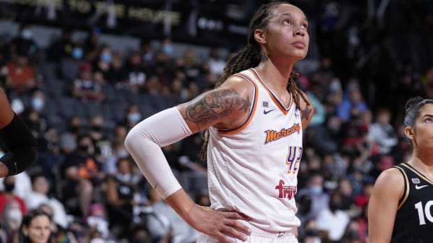 Brittney Griner looks on during the Phoenix Mercury game.