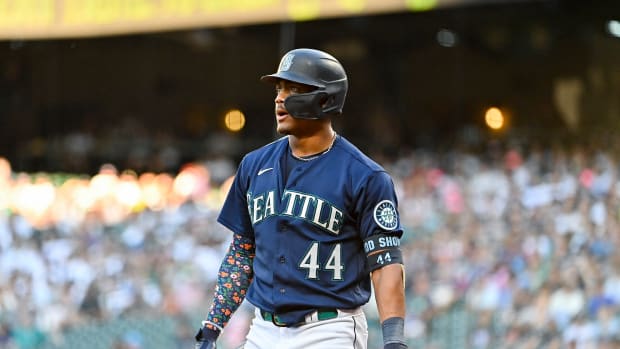 SEATTLE, WASHINGTON - JULY 26: Julio Rodriguez #44 of the Seattle Mariners looks on during the first inning against the Texas Rangers at T-Mobile Park on July 26, 2022 in Seattle, Washington. (Photo by Alika Jenner/Getty Images)