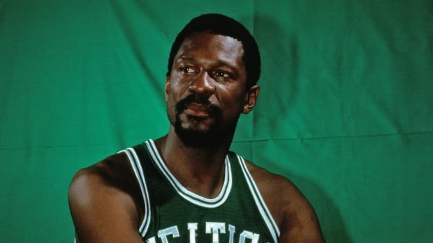 Legendary Boston Celtics big man Bill Russell on the floor.