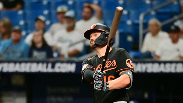 ST PETERSBURG, FLORIDA - JULY 15: Trey Mancini #16 of the Baltimore Orioles hits a home run in the third inning against the Tampa Bay Rays at Tropicana Field on July 15, 2022 in St Petersburg, Florida. (Photo by Julio Aguilar/Getty Images)