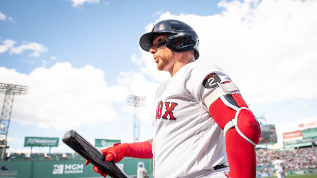 BOSTON, MA - JULY 30: Christian Vázquez #7 of the Boston Red Sox walks out of the dugout to bat during the first inning of a game against the Milwaukee Brewers on July 30, 2022 at Fenway Park in Boston, Massachusetts. (Photo by Maddie Malhotra/Boston Red Sox/Getty Images)
