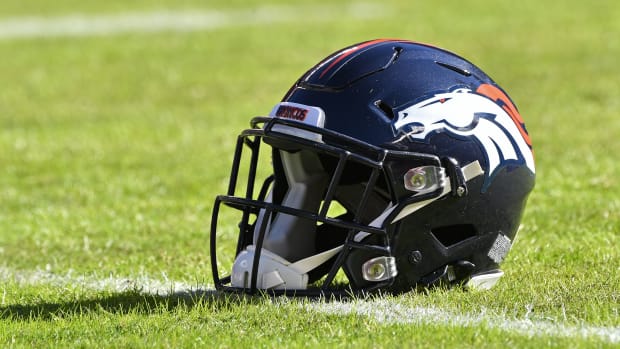 KANSAS CITY, MO - OCTOBER 28:  A general view of a  Denver Broncos helmet on the field prior to a game against the Kansas City Chiefs on October 28, 2018 at Arrowhead Stadium in Kansas City, Missouri.  (Photo by Peter G. Aiken/Getty Images)