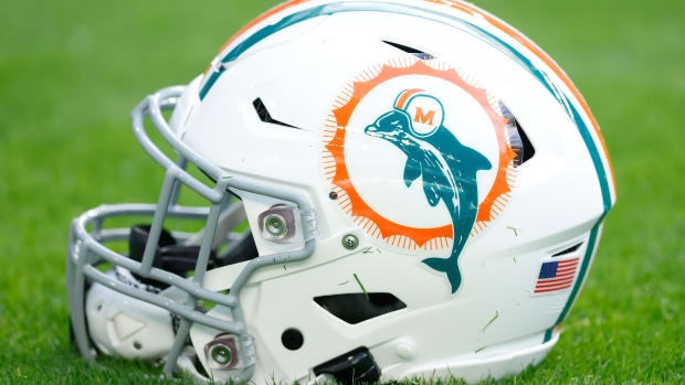 MIAMI GARDENS, FLORIDA - JANUARY 09: A detail of a Miami Dolphins helmet prior to the game against the New England Patriots at Hard Rock Stadium on January 09, 2022 in Miami Gardens, Florida. (Photo by Michael Reaves/Getty Images)