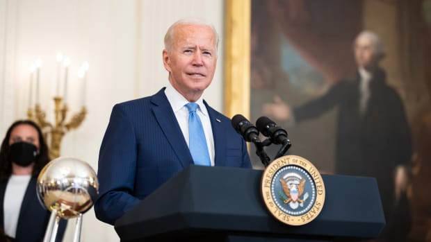 WASHINGTON, DC - AUGUST 23:  President Joe Biden speaks during a ceremony celebrating the 2020 WNBA Seattle Storm championship at the White House on August 23, 2020 in Washington, DC. NOTE TO USER: User expressly acknowledges and agrees that, by downloading and or using this Photograph, user is consenting to the terms and conditions of the Getty Images License Agreement. Mandatory Copyright Notice: Copyright 2021 NBAE (Photo by Stephen Gosling/NBAE via Getty Images)