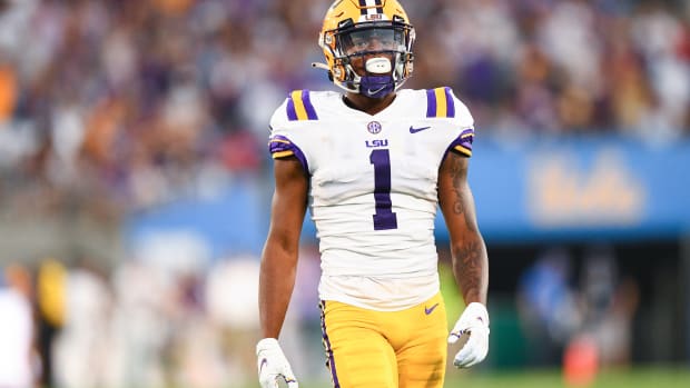 Kayshon Boutte on the field for the LSU-UCLA game.