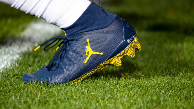 UNIVERSITY PARK, PA - OCTOBER 19:  Detail view of Air Jordan football cleats worn by a member of the Michigan Wolverines before the game against the Penn State Nittany Lions on October 19, 2019 at Beaver Stadium in University Park, Pennsylvania. Penn State defeats Michigan 28-21.  (Photo by Brett Carlsen/Getty Images)