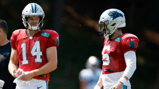 Sam Darnold and Baker Mayfield look on during Carolina Panthers training camp at Wofford College.