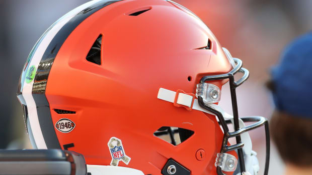 A Cleveland Browns helmet sits during a game against the Cincinnati Bengals in 2021.