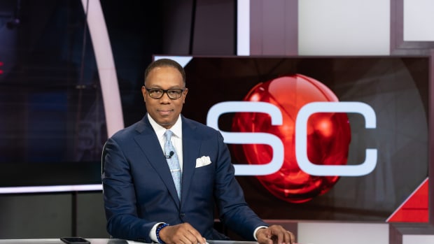 ESPN SportsCenter host Jay Harris on the set in Bristol, Connecticut.