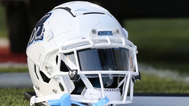 LYNCHBURG, VA - SEPTEMBER 18: Old Dominion Monarchs helmet on the sidelines during a game between the Old Dominion Monarchs and the Liberty Flames on September 18, 2021, at Williams Stadium in Lynchburg, VA (Photo by Lee Coleman/Icon Sportswire via Getty Images)