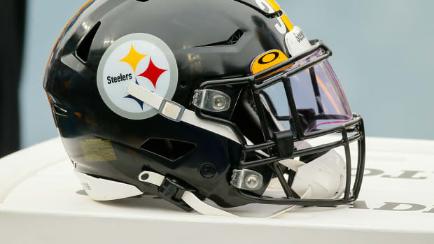 A Pittsburgh Steelers helmet rests on the sideline during a game against the Tennessee Titans in 2020.