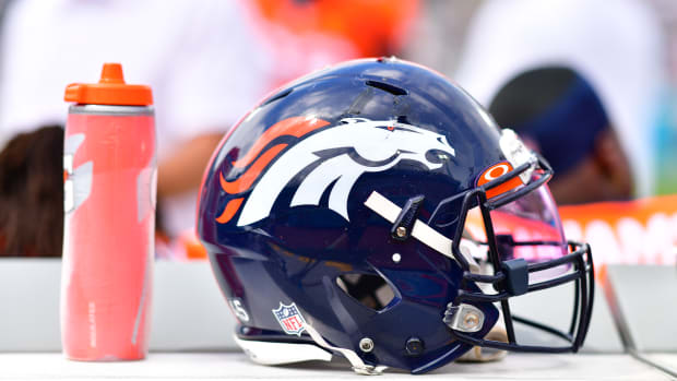 A view of a Denver Broncos helmet during a game against the Jacksonville Jaguars in 2021.