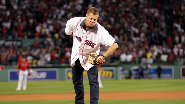 Former Red Sox pitcher Jonathan Papelbon on the field before a playoff game.