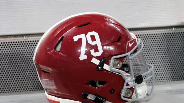 An Alabama Crimson Tide football helmet.