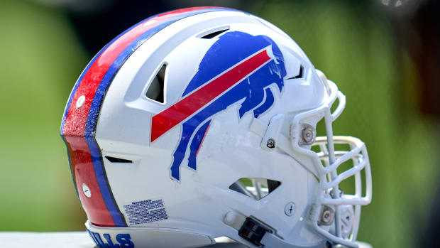 A Buffalo Bills helmet sits on a cooler during a preseason game vs. the Chicago Bears.