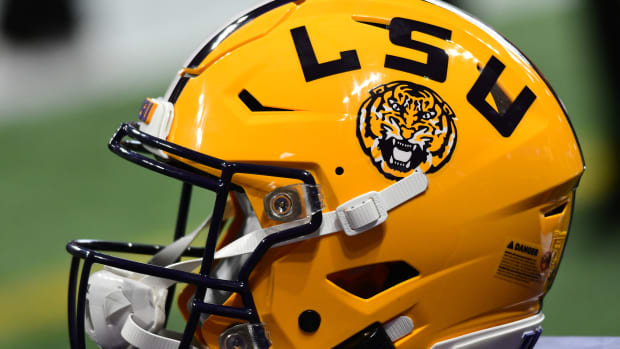 An LSU Tigers football helmet during the SEC Championship game in 2019.