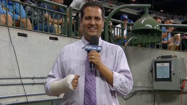 Dodgers announcer suffers a crazy injury in Milwaukee.