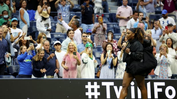 NEW YORK, NEW YORK - SEPTEMBER 02: Serena Williams of the United States is introduced prior to her Women's Singles Third Round match against Ajla Tomlijanovic of Australia on Day Five of the 2022 US Open at USTA Billie Jean King National Tennis Center on September 02, 2022 in the Flushing neighborhood of the Queens borough of New York City. (Photo by Al Bello/Getty Images)