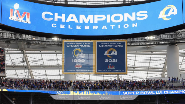 INGLEWOOD, CALIFORNIA - SEPTEMBER 08:  Super Bowl LVI champions banner is displayed before the NFL game between the Los Angeles Rams and Buffalo Bills at SoFi Stadium on September 08, 2022 in Inglewood, California. (Photo by Harry How/Getty Images)