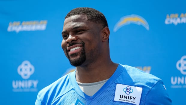 Khalil Mack talking to Chargers reporters at training camp.