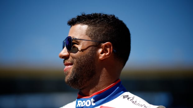 Bubba Wallace reacts to his big win on Sunday.
