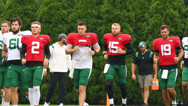 Zach Wilson, Mike White, Chris Streveler and Joe Flacco of the New York Jets during training camp