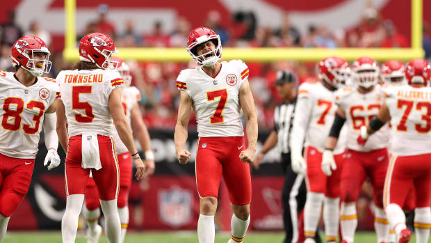 Harrison Butker on the field for the Chiefs.
