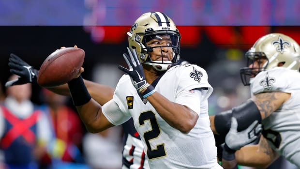Jameis Winston of the New Orleans Saints drops back to pass against the Atlanta Falcons.
