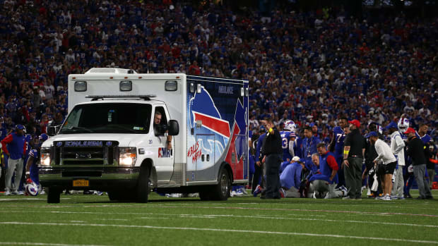 An ambulance out on the field ready to transport Bills cornerback Dane Jackson.