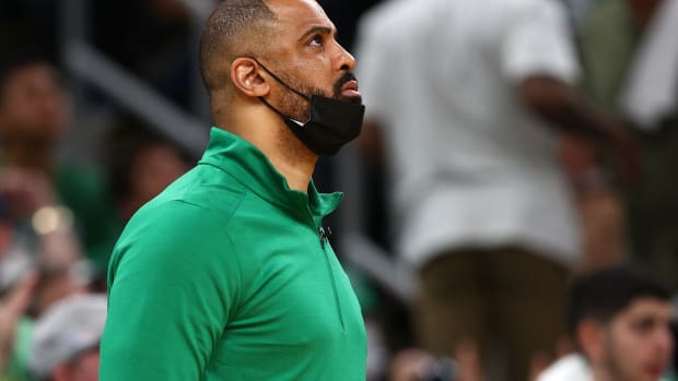 Boston Celtics head coach Ime Udoka on the floor during Game 4 of the 2022 NBA Finals.
