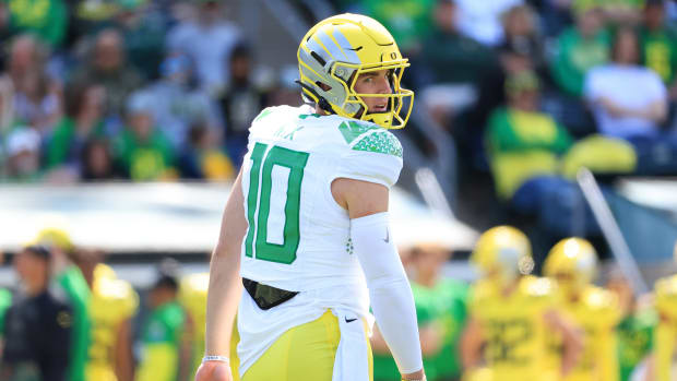 Bo Nix of Oregon looks on at the Spring Game in Eugene.