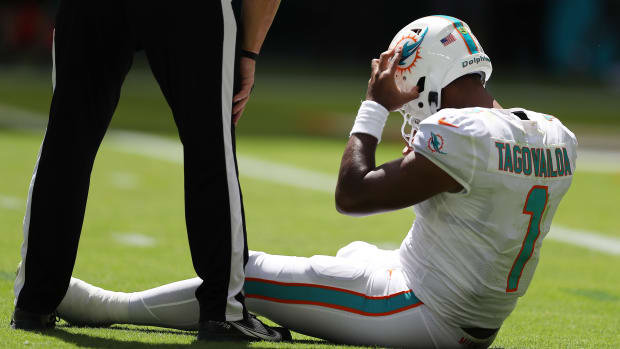 Dolphins quarterback Tua Tagovailoa injured on the field on Sunday.