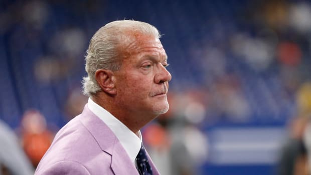 Indianapolis Colts owner Jim Irsay  on the field in 2019.
