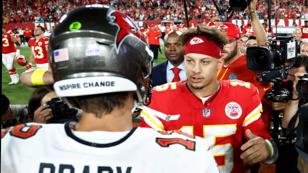 Patrick Mahomes and Tom Brady following the Sunday night game in Tampa Bay in 2022.