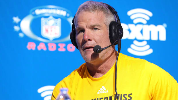 Hall of Fame quarterback Brett Favre speaks onstage during Day 3 of SiriusXM at Super Bowl LIV.