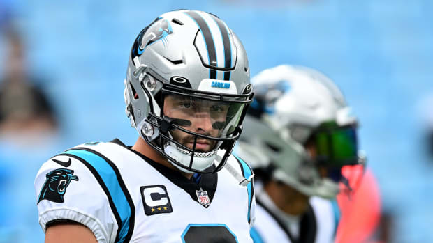 CHARLOTTE, NORTH CAROLINA - SEPTEMBER 25: Baker Mayfield #6 of the Carolina Panthers is shown during their game against the New Orleans Saints at Bank of America Stadium on September 25, 2022 in Charlotte, North Carolina. (Photo by Grant Halverson/Getty Images)