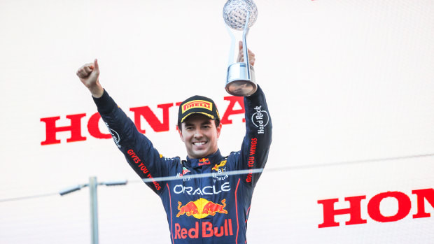 Sergio Perez celebrating