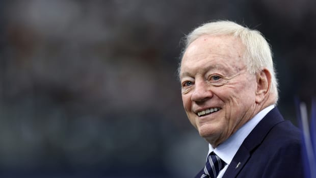 Cowboys owner Jerry Jones on the field during Sunday's game.