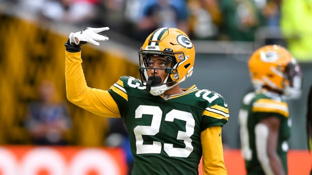 Packers cornerback Jaire Alexander gestures during Green Bay's London matchup against the New York Giants.