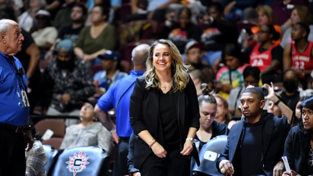 UNCASVILLE, CT - SEPTEMBER 15: Head Coach Becky Hammon of the Las Vegas Aces looks on before Game 3 of the 2022 WNBA Finals against the Connecticut Sun on September 15, 2022 at Mohegan Sun Arena in Uncasville, Connecticut.  NOTE TO USER: User expressly acknowledges and agrees that, by downloading and/or using this Photograph, user is consenting to the terms and conditions of the Getty Images License Agreement. Mandatory Copyright Notice: Copyright 2022 NBAE (Photo by Catalina Fragoso/NBAE via Getty Images)