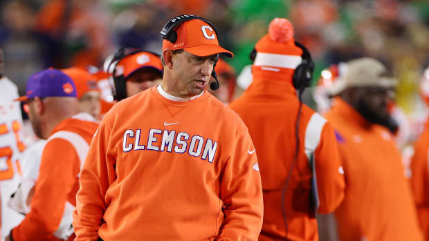 SOUTH BEND, INDIANA - NOVEMBER 05: Head coach Dabo Swinney of the Clemson Tigers reacts against the Notre Dame Fighting Irish during the first half at Notre Dame Stadium on November 05, 2022 in South Bend, Indiana. (Photo by Michael Reaves/Getty Images)
